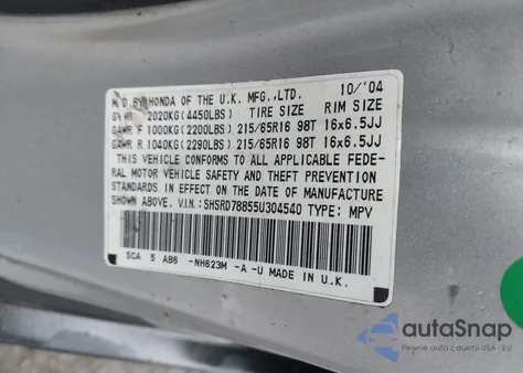 2005 Honda Cr-V Ex z USA, uszkodzony, nr VIN SHSRD78855U304540